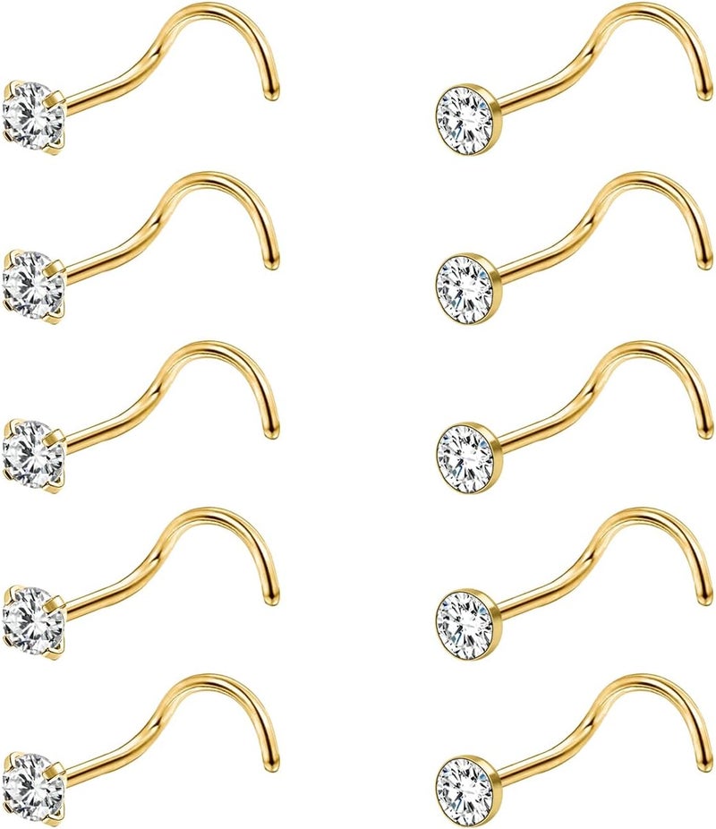 AccGin Store 6-10Pcs 18G 20G Nose Ring Surgical Steel Nose Rings Studs Piercing For Women Men 1.5mm 2mm 2.5mm 3mm Round Diamond CZ L Shaped Corkscrew Gold Black Silver Nose Piercing Hypoallergenic - Image 1
